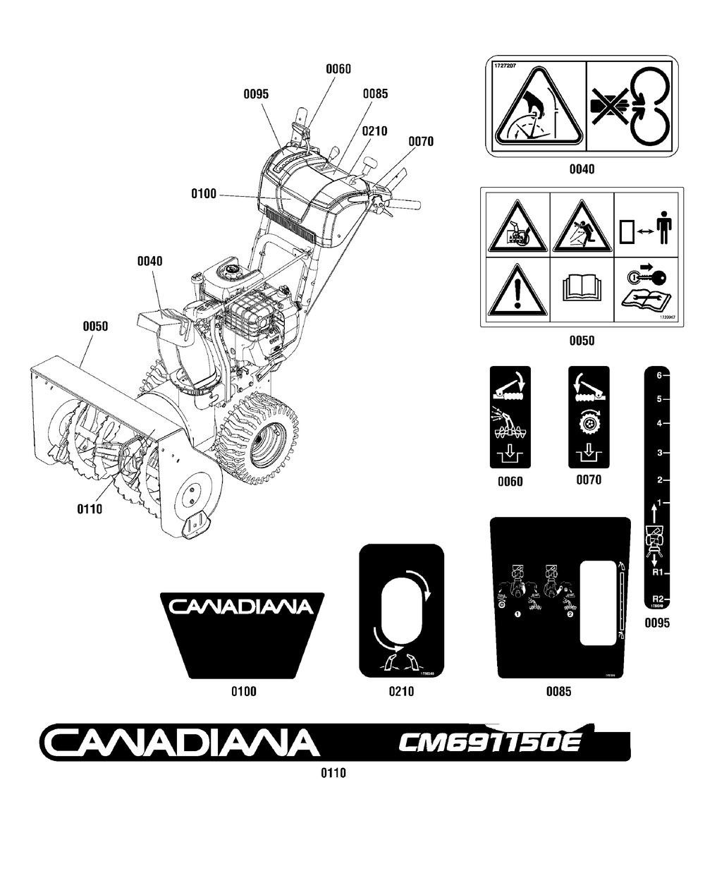 Decals Group Diagram and Parts List for 1696228-00-CM691150E  Briggs and Stratton Snow Blower